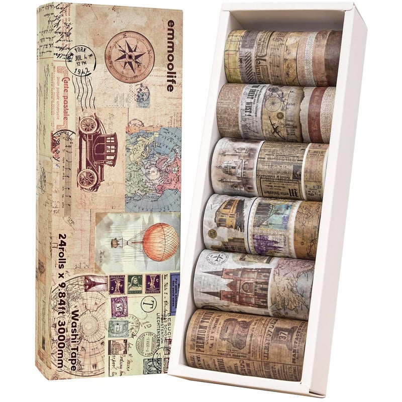 emmoolife 24 Rolls Vintage Washi Tape Set, Antique Car Buildings Map Stamp Stripe Writable Aesthetic Washy Decorative Tapes for Scrapbooking, Junk Journal Supplies, Bullet Journaling 5-75mm Wide (3m Long)/Roll - Image 1